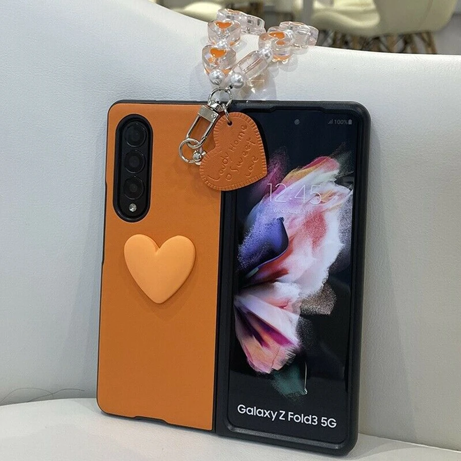 Creativity DIY Cute Orange Love Heart Hand Chain Bracelet Pendant Removable Leather CaseFor Samsung Galaxy Z Fold2/Fold3 5G | Мобильные