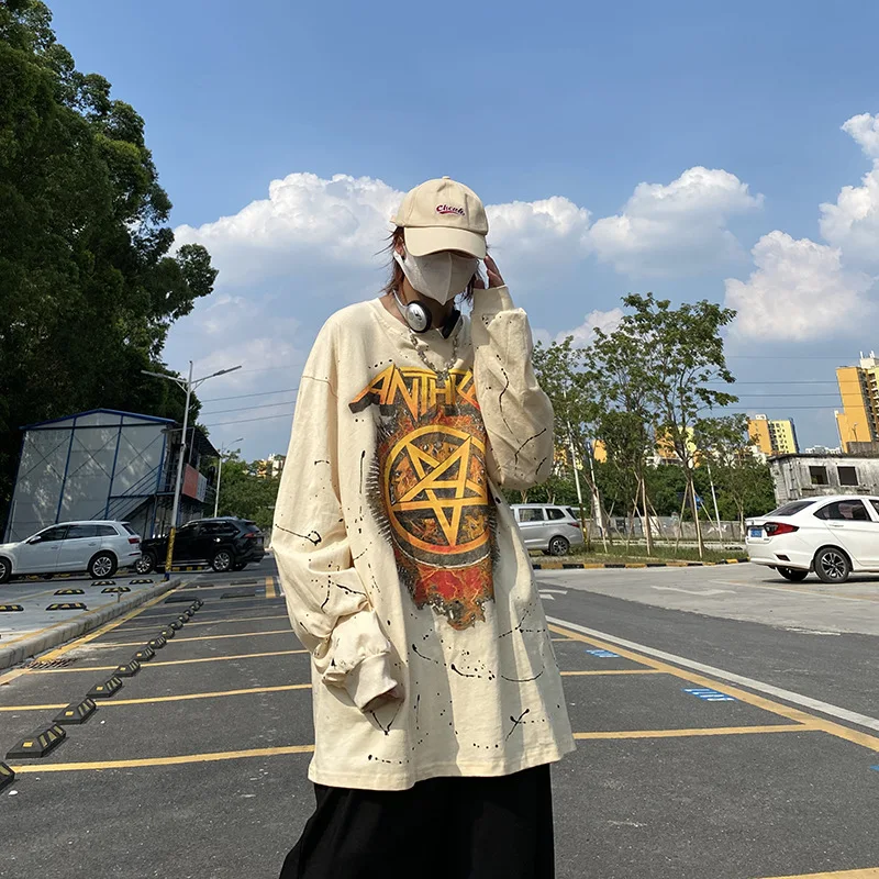 

EukaaRu High Street Hip Hop Rock Printed Long Sleeve T-shirt Men's Fashion Graffiti Cotton Tshirt Woman Oversized Long T Shirt