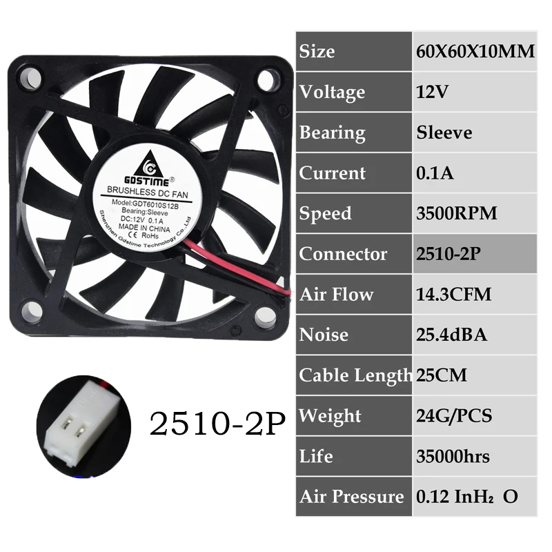 0.1A6010S12V2510-2P 2 шт. Gdstime 2Pin DC 5 в 12 В 24 в 24 вольт 6 см 60x60x10 мм 60 мм двойной шариковый подшипник Бесщеточный вентилятор охлаждения 60 мм x 10 мм кулер - Цвет лезвия: 0.1A6010S12V2510-2P