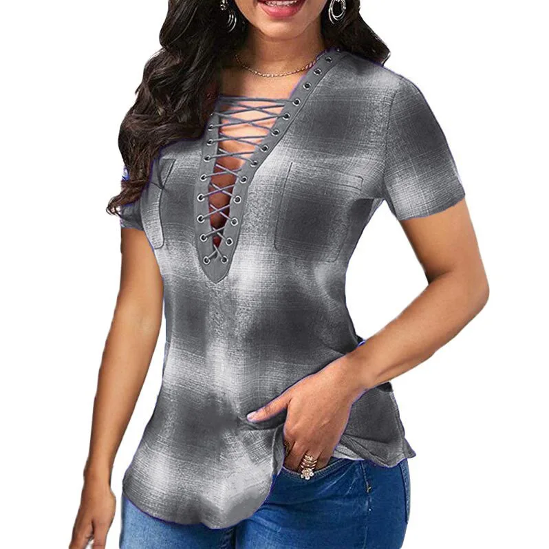 

Prnt V Neck Spring T Shirt Top Women short Sleeve Tops Tee Female Stitching Tees Fashion Loose Top Lady T-shirt Femme