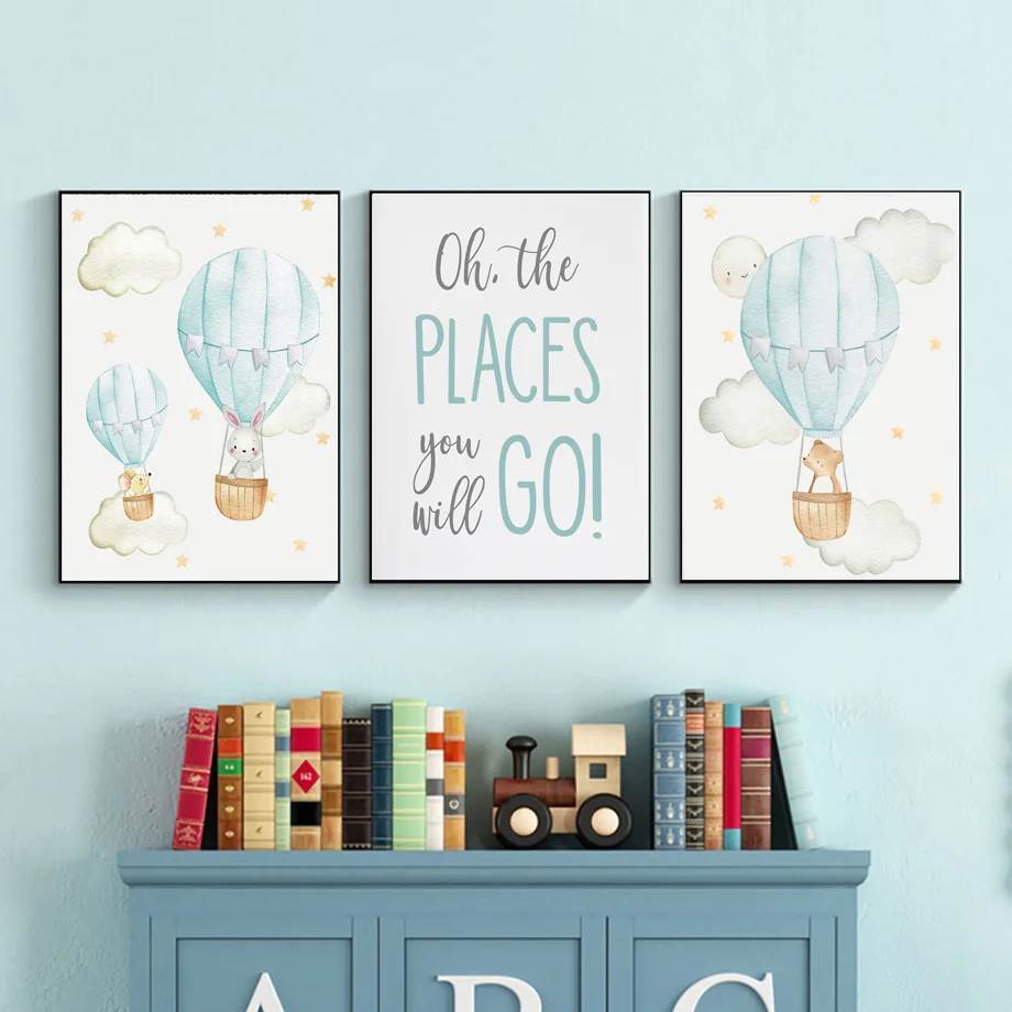 Постер в скандинавском стиле слон свинка лиса кролик луна самолет настенная