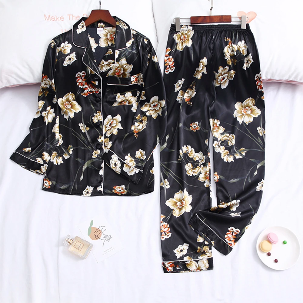 Женский пижамный комплект из двух предметов длинные штаны атласа с шелковым