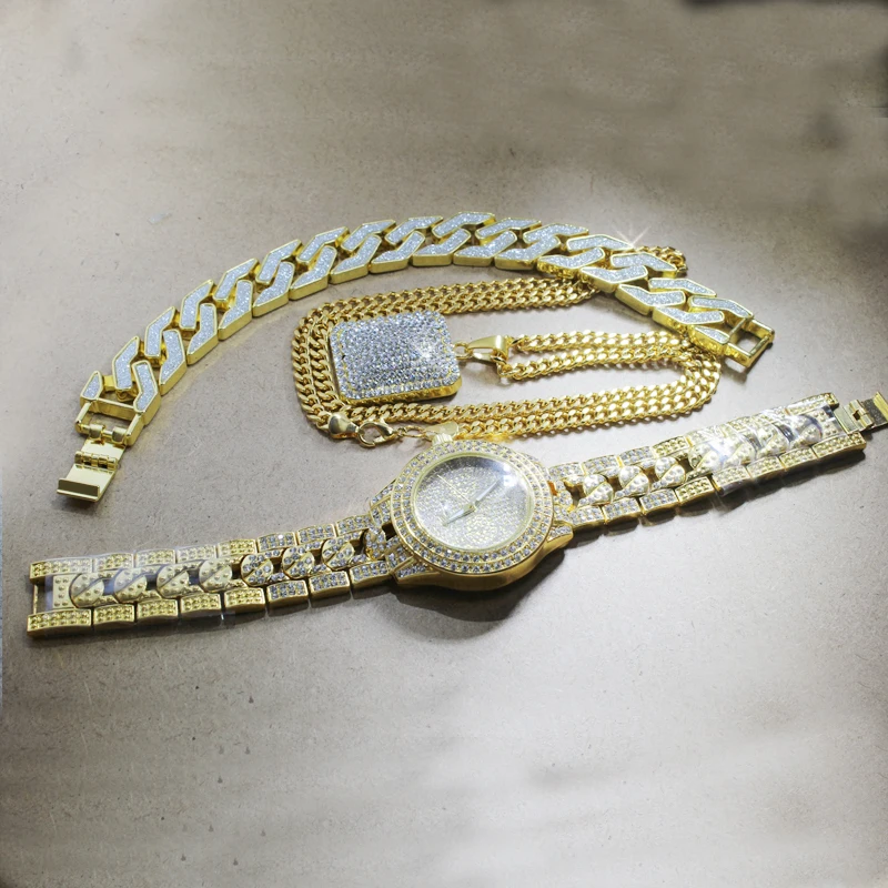 Ледяные мужские хип-хоп золотые часы с фианитами и полным ледяным necklace ем и браслетом набор ювелирных изделий подарки