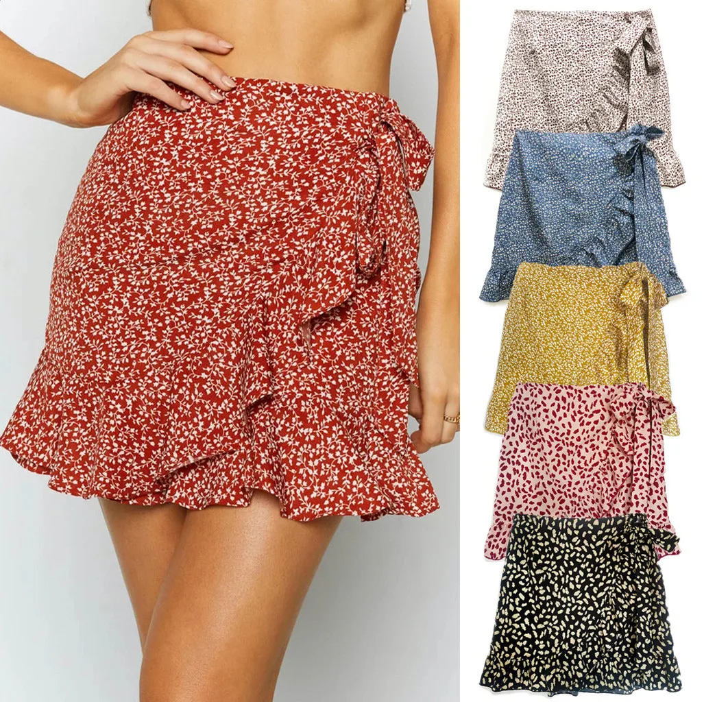 

Skirts Womens Summer Casual High Waist Floral Print Ruffled Beach Zipper Short Skirt Femme Jupes Faldas Mujer Moda 2020 @47
