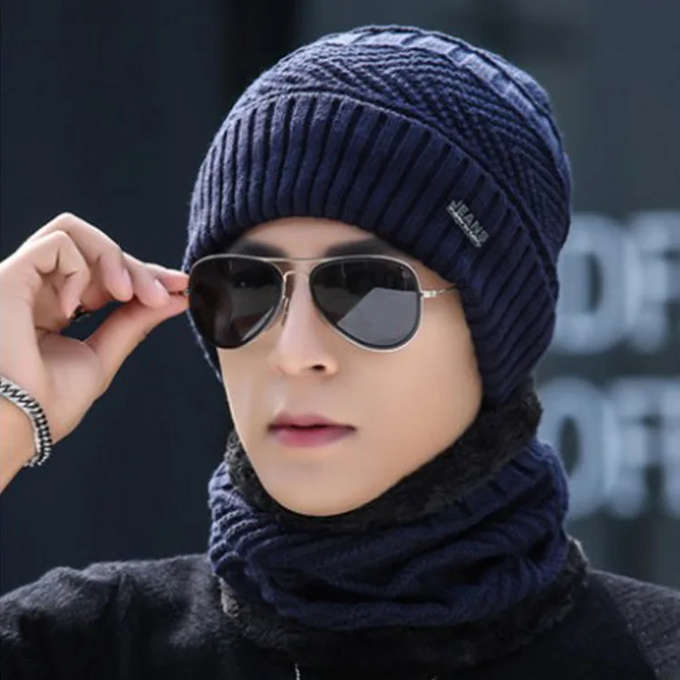 Мужские шерстяные бархатные Вязаная шапка и шарф зимний толстый винтажное