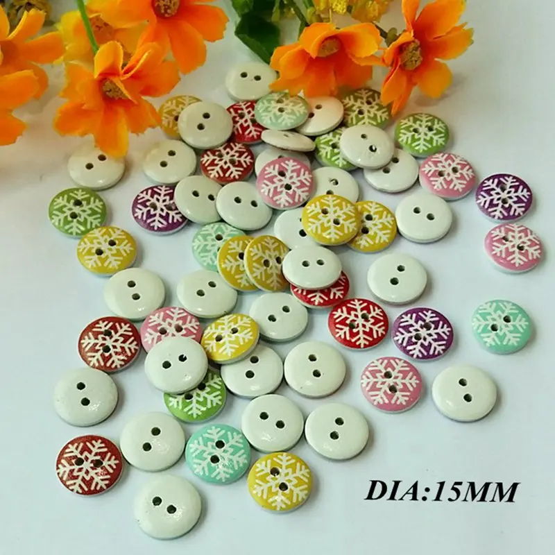 100 шт./лот 15 мм деревянные пуговицы с принтом в виде снежинок принадлежности для