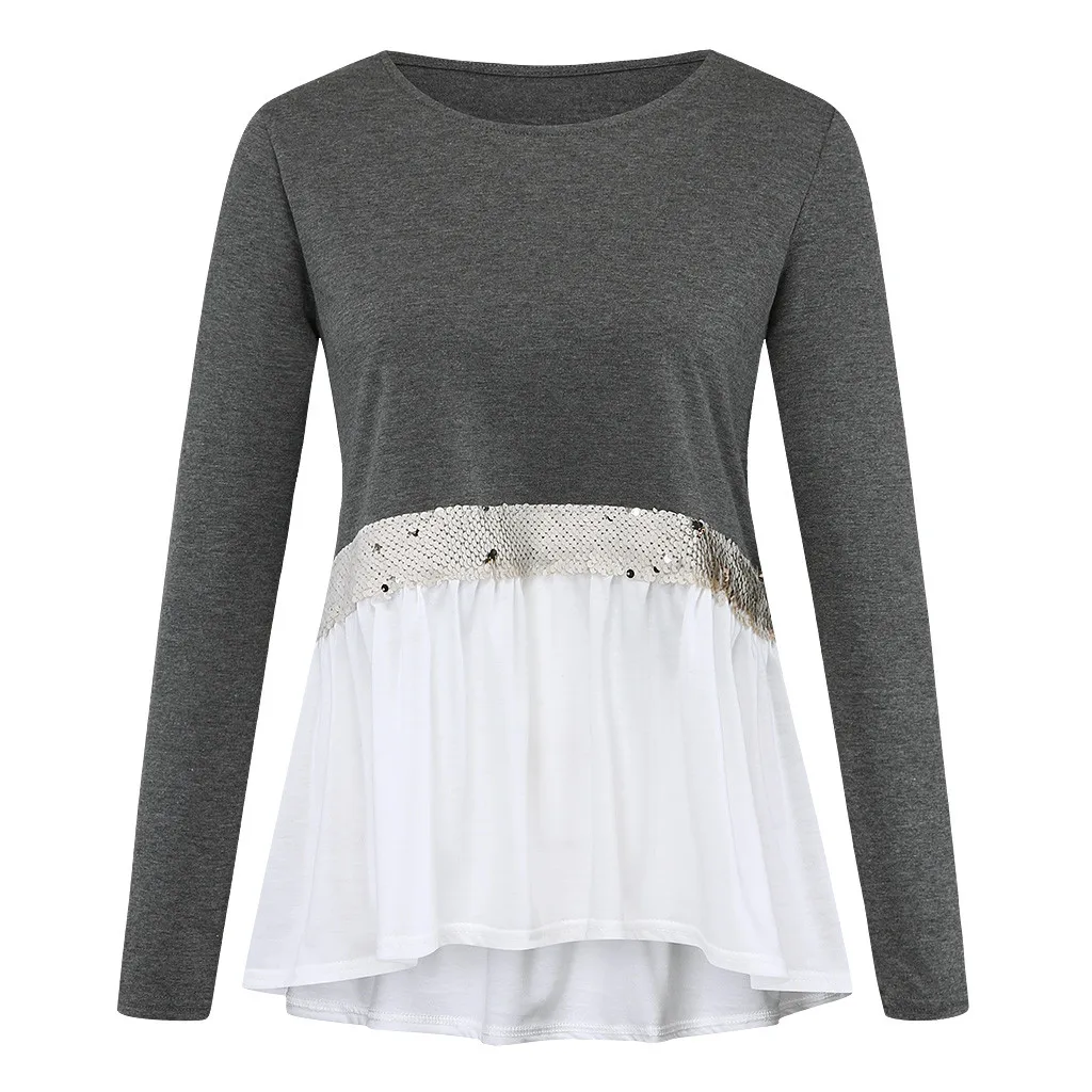 2020 футболка женская с длинным рукавом и блестками Повседневная круглым вырезом