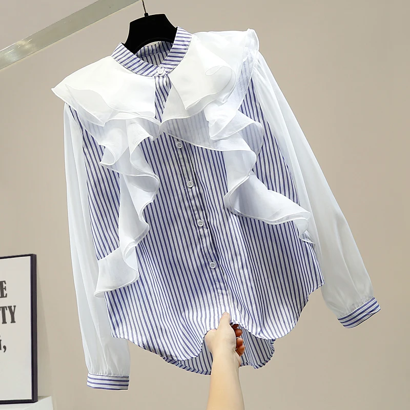 

Women Blouses Fashion 2020 Autumn Elegant Stereo Ruffles Single Breasted Stripes Long-Sleeved Shirt Female Clothing Tops Blusas