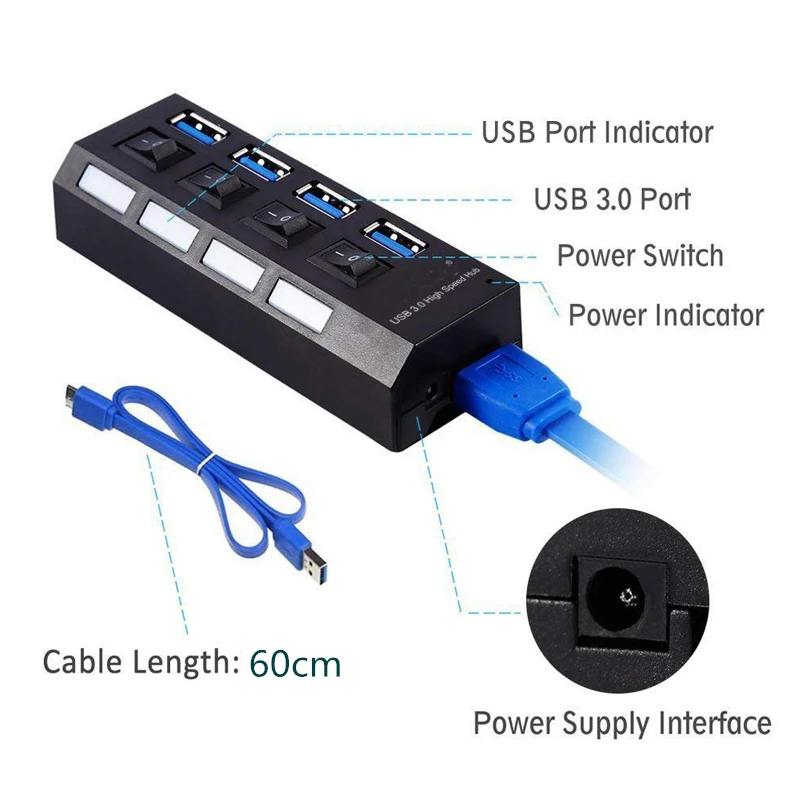 Высокоскоростной 4-портовый USB-концентратор 3 0 5 Гбит/с с индивидуальным