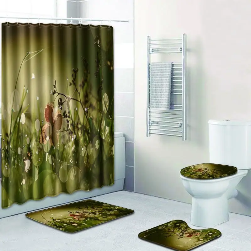 

Zeegle Bath Mat Set Waterproof Shower Curtain Washable Bath Rug Toilet Pedestal Rug Anti-slip Bathroom Doormat 4pcs Toilet Set