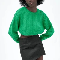 wxwt za 2021 autumn women green crop knitted sweater jumper female elegant oversize pullovers chic tops bb4051