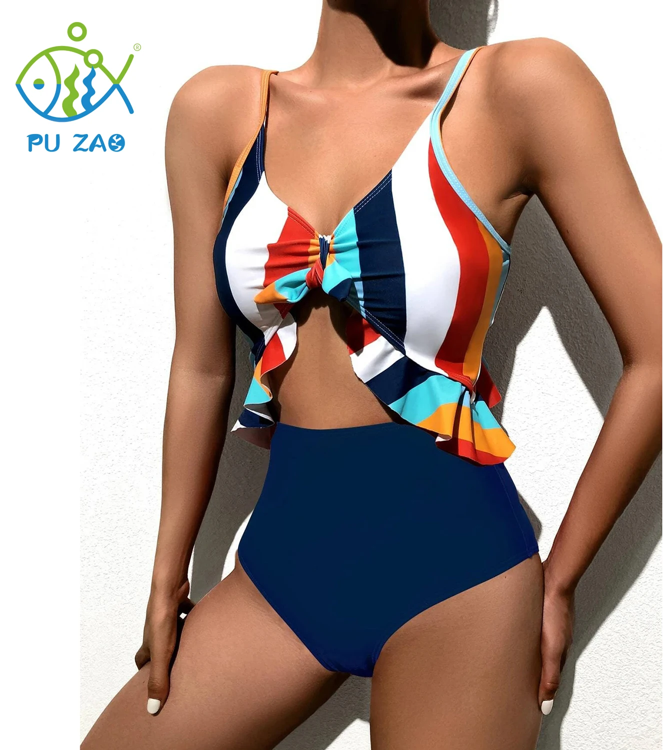 

Сексуальный слитный купальник 2021, женский купальник с оборками, монокини в яркую полоску, регулируемые бретельки, боди, купальник, одежда дл...