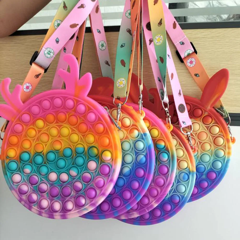 

Rainbow Push Bubble Round Shoulder Crossbody Messenger Bag Silicone Small Purse Handbags Decompression Puzzle Sensory Toys
