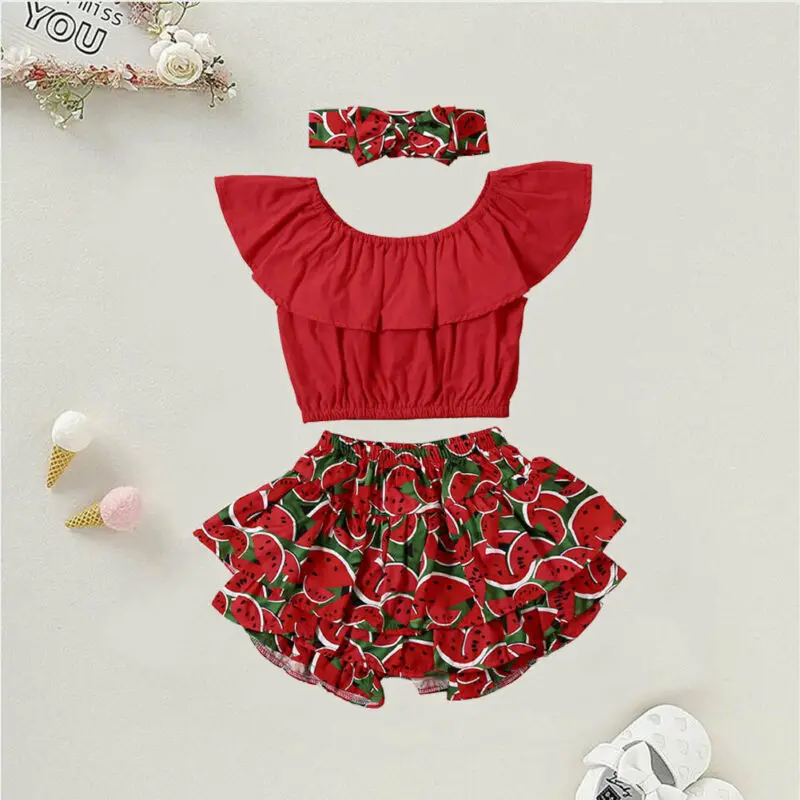 

Детская летняя одежда для маленьких девочек; Топы с оборками; Шорты; Повязка на голову; Наряды; US 2020