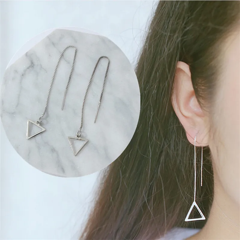 Женские треугольные серьги-гвоздики Серебристые Длинные серьги в винтажном