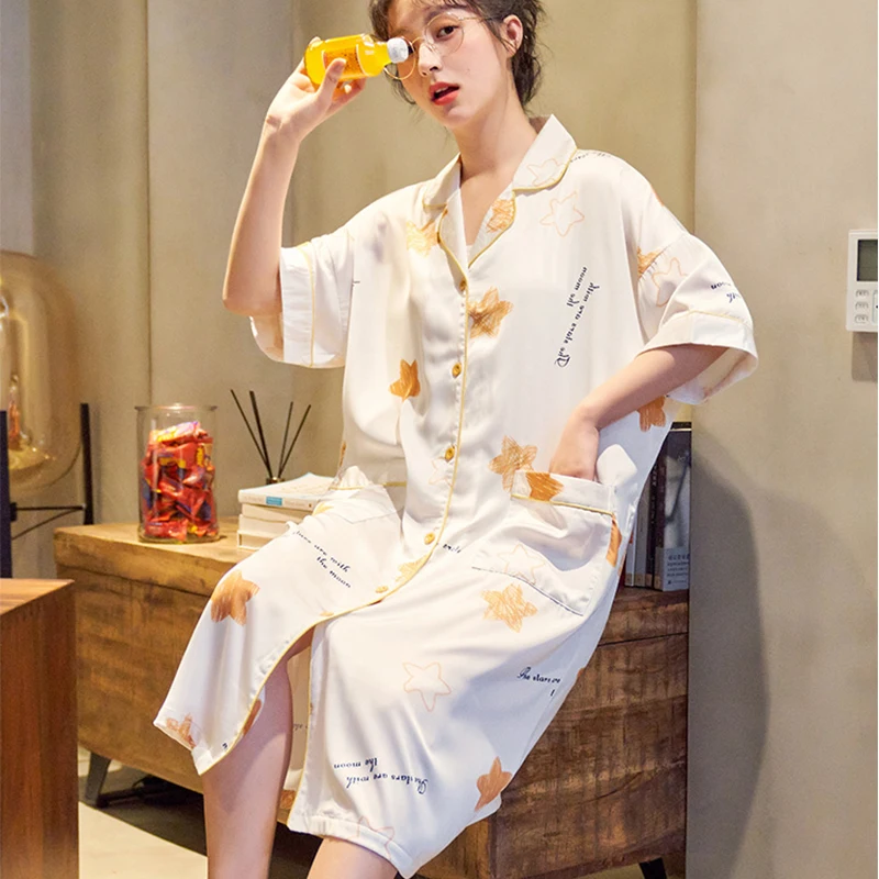 

New Pyjamas Women Summer Nightgowns Elegant Night Dress Ice Silk Nightdress Short Sleeves Nightshirts Plus Size Home Clothes