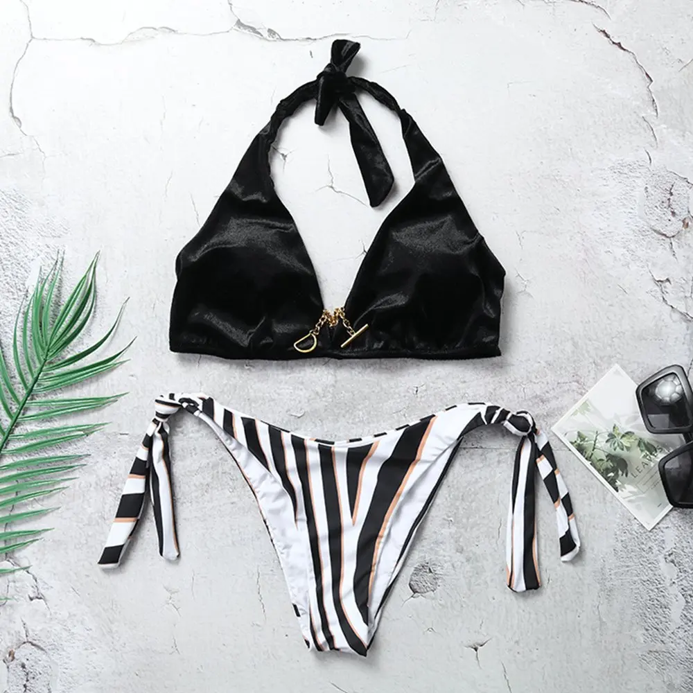 Бикини 2019 новые черные белые полосы слинг Expose The Back женские бразильские бикини