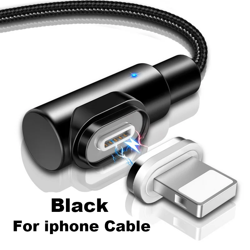 Магнитный usb-кабель для зарядки, 90 градусов, 3 А, быстрая зарядка, Micro usb type C, зарядное устройство для телефона, адаптер, освещение для iPhone, Xiaomi, USBC, провод - Цвет: For iphone Black