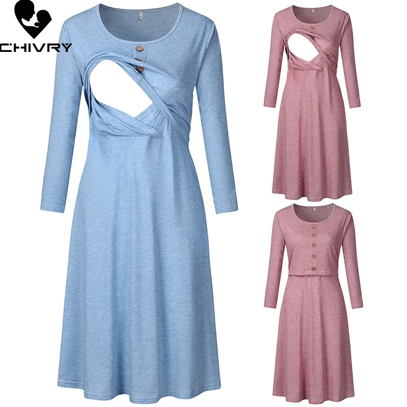 

Новинка 2020, платье для беременных женщин, повседневное однотонное платье с длинным рукавом и круглым вырезом, одежда для кормления грудью и ...