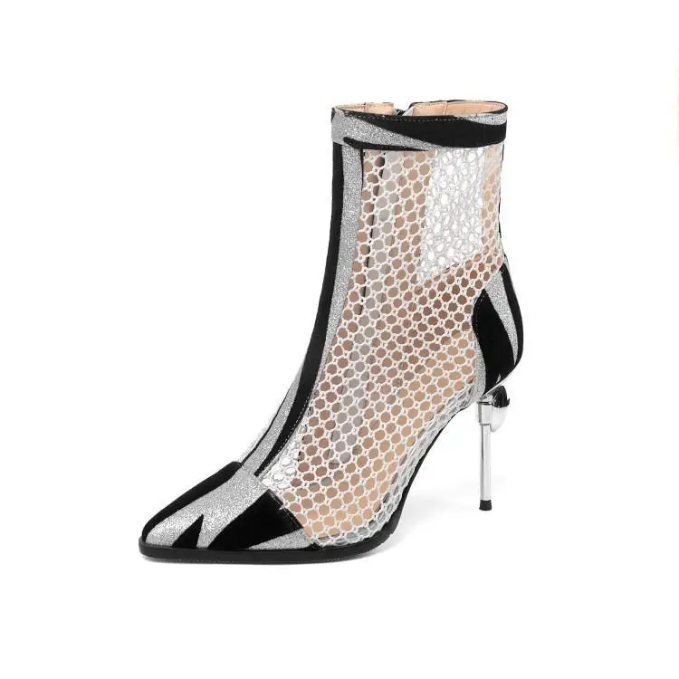 

Summer new cut-out boots women's pointed high heel large zipper thin heel color matching side zipper sandals