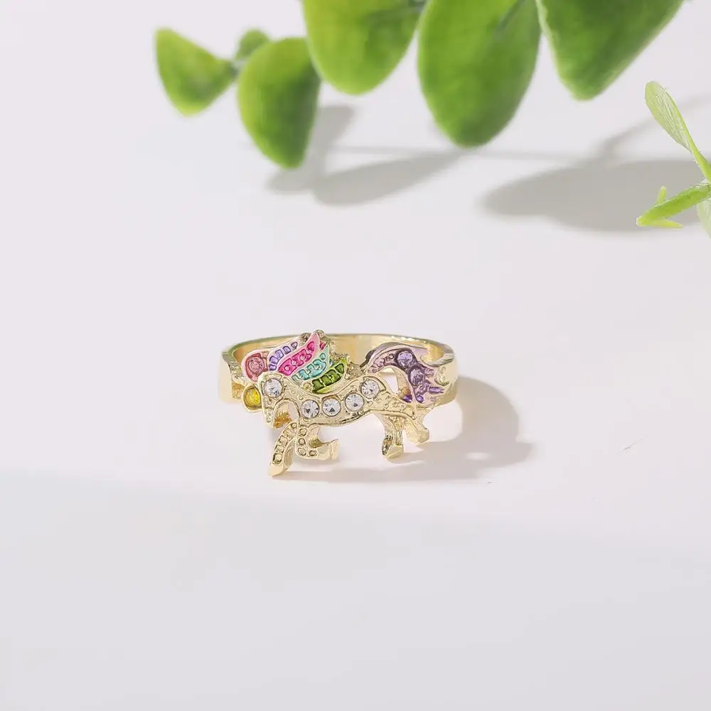 Gold Ring 4 шт набор украшений в виде единорога, ожерелье, браслет, серьги, набор колец, цветные украшения в виде единорога - Окраска металла: Gold Ring
