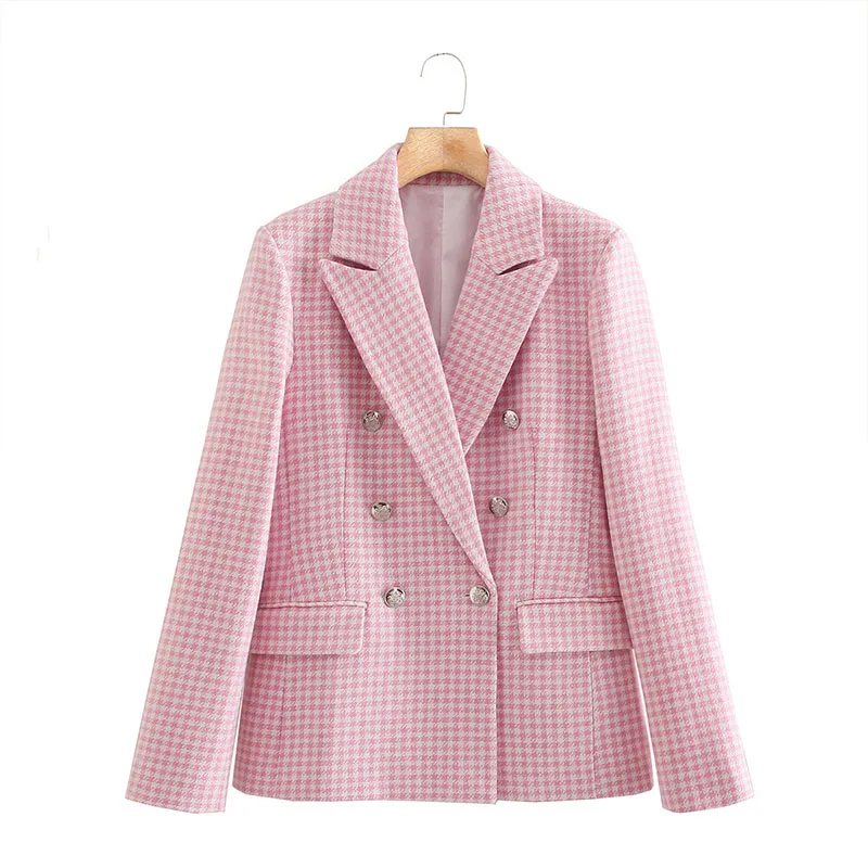 

2021 Fall Pink Suit Office Lady Jacket New Houndstooth Slim Casual Suit Double Breasted Long Sleeve Pocket Long Jacket Women Top