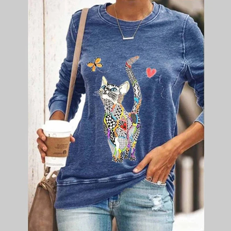 Модная повседневная женская футболка в стиле Харадзюку с принтом кота недорогая