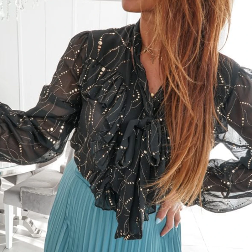 

Women Autumn Casual Long Sleeve V Neck Ruffle Blouse Top Female 2020 Fashion Printed Shirt Ladies Daily Black Loose Top Q30