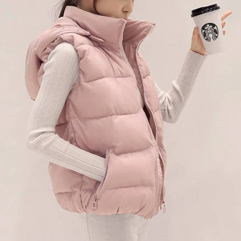

Autumn Casual Warm Thick Waistcoat 2021 Spring Hooded Women Cotton Vest Sleeveless Solid Removable Hat Vest Coats Female Jackets