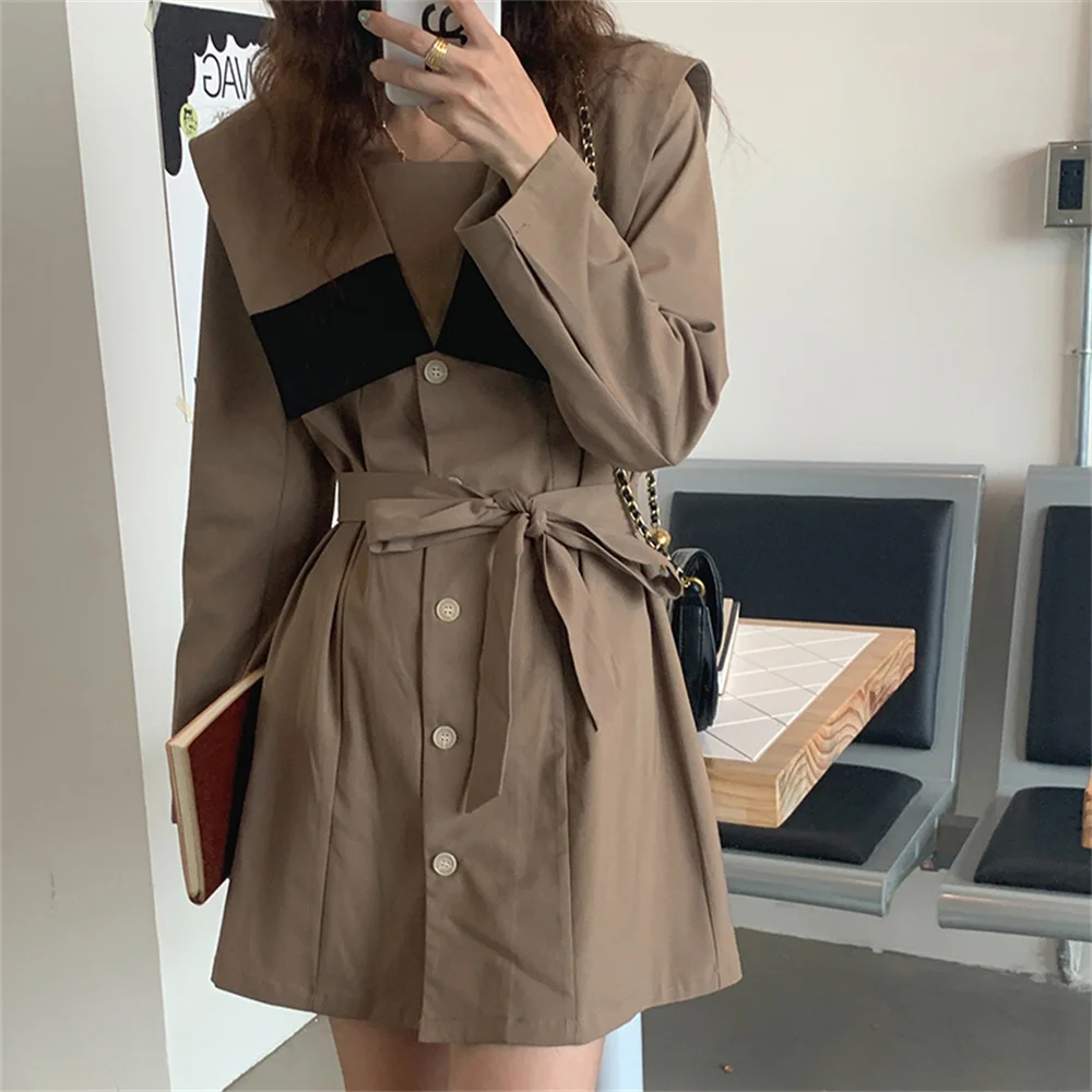 

Alien Kitty Chic Close Waist Full Sleeve Mini Dress Sailor Collar New Lace-Up Stylish Femme Loose Gentle Casual Vestidos Robe