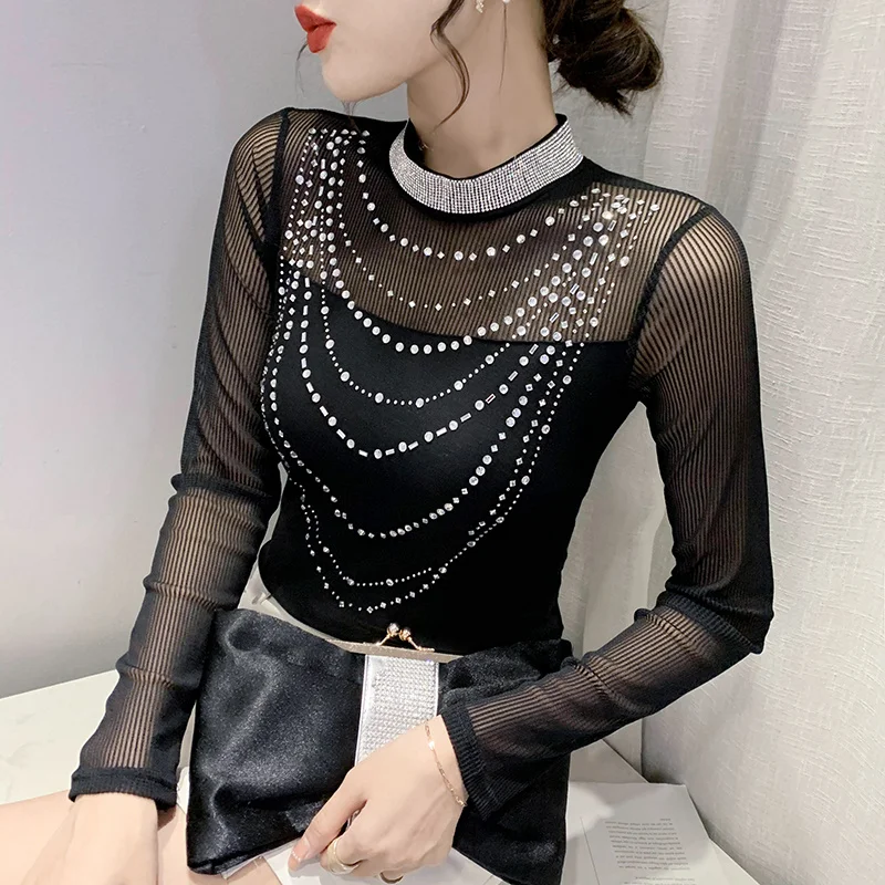 

#9057 Black Stand Collar Women's T-shirt With Diamonds Perspective Basic T Shirt Femme Thin Casual See Through Clothes Elegant