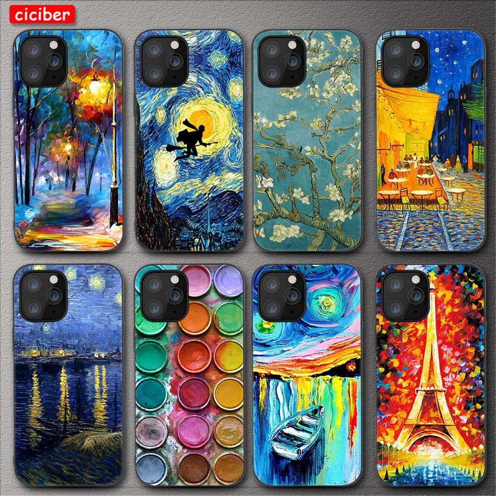 

Art Oil Painting Phone Case for iPhone 13 12 11 Pro Max Mini for iPhone 7 8 6 6S Plus X XR XS MAX 5 SE 2020 Soft TPU Black Funda