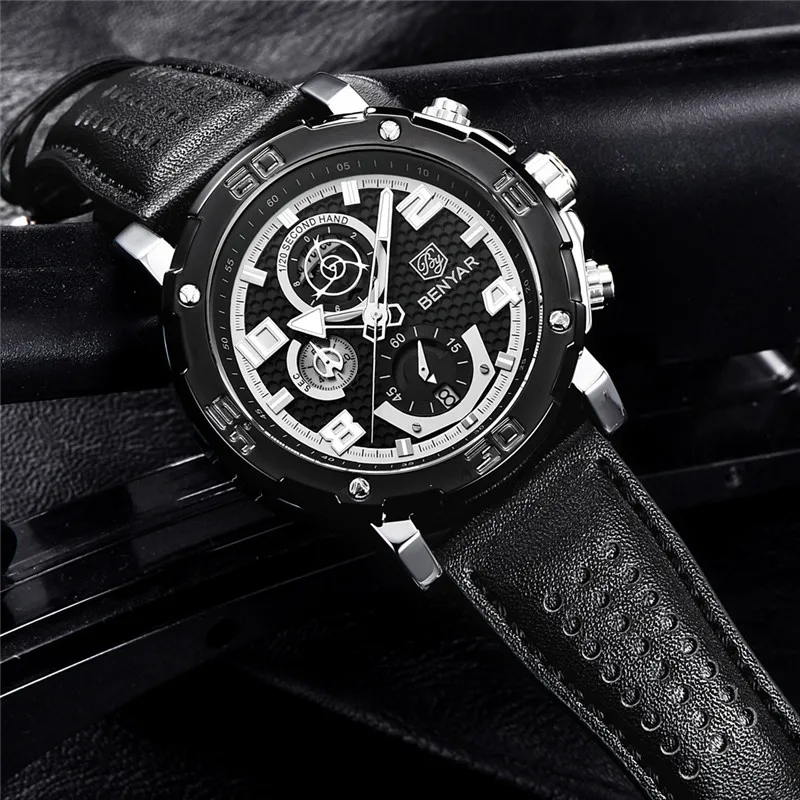 Часы-хронограф мужские водонепроницаемые из натуральной кожи | Наручные часы