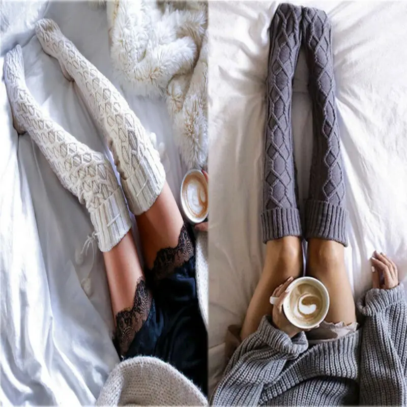 Женские зимние хлопковые толстые вязаные крючком чулки до Бедра Вязаные выше