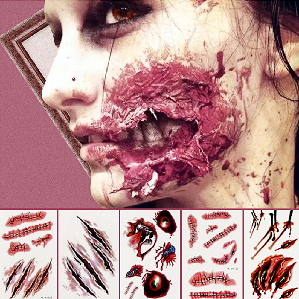 

Halloween Tattoo Stickers Realistic Bloody Wound Scars Stickers Scary Waterproof Temporary Tattoo DIY Party Decoration Supplies