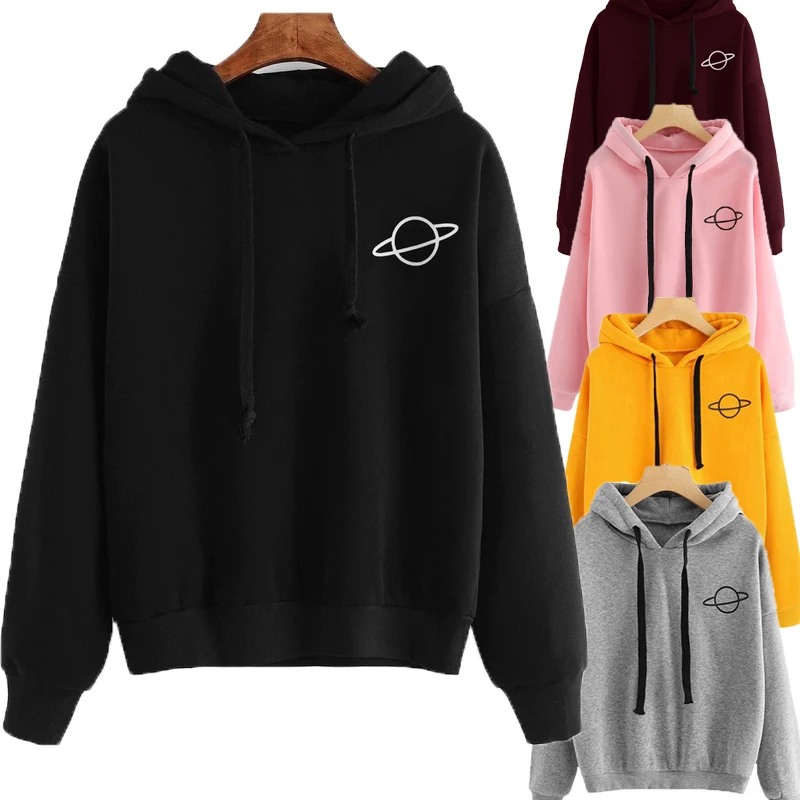 

Women Hoodies Casual Planet Print Solid Loose Drawstring Sweatshirt Long Sleeve Hooded 2021 Autumn Female Pullover
