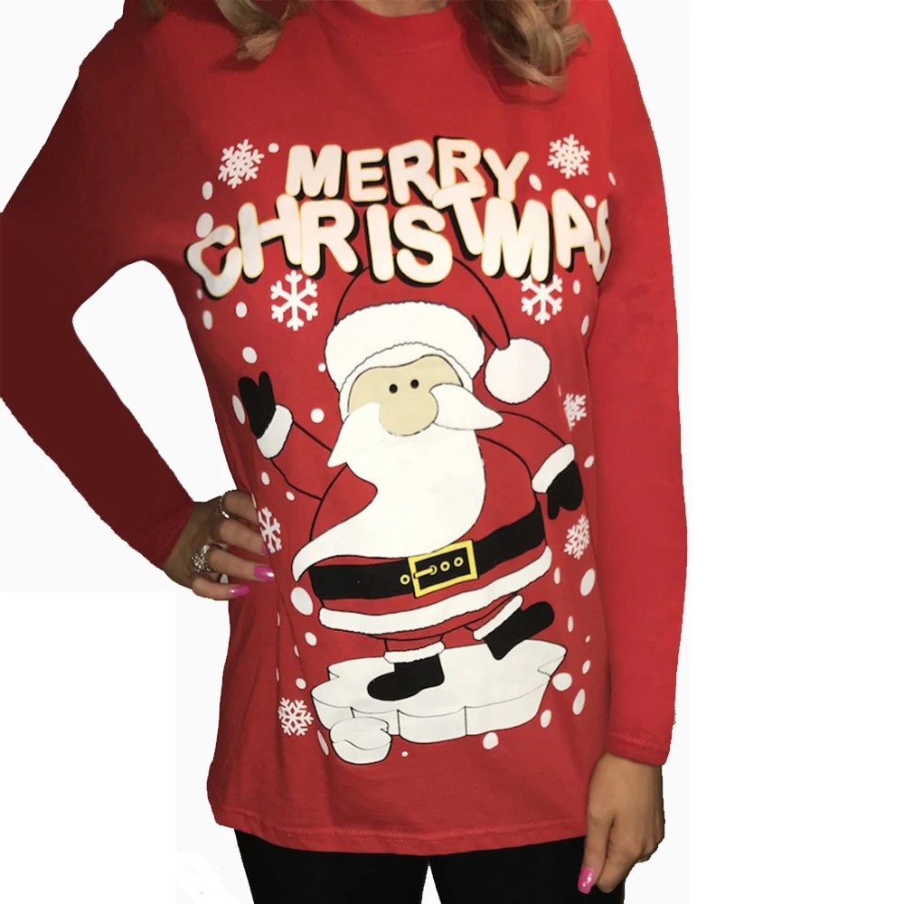 

Christmas Clothing For Women O-neck Long Sleeves Santa Claus Deer Snowman Printed Casual Cotton T-shirt Red FS0907