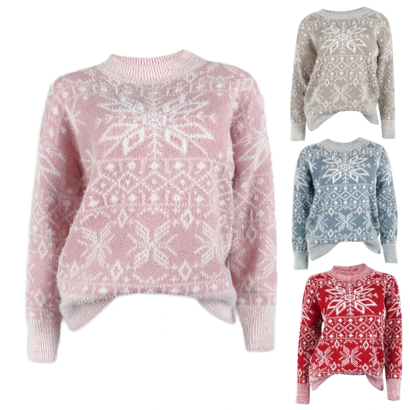 Women Christmas Long Sleeve O-Neck Sweater Fuzzy Snowflake Knitted Jumper Top