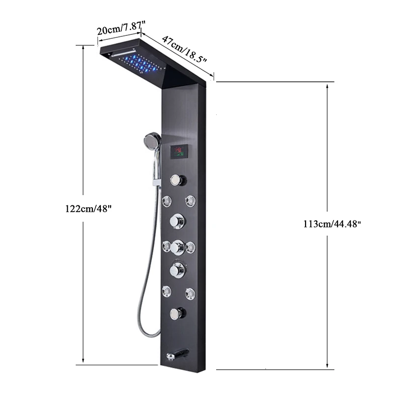 

Rozin Brushed nickel Bathroom Shower Column Black LED Shower Panel Rainfall Shower Faucets Digital Screen 6 Modes Mixer Tap