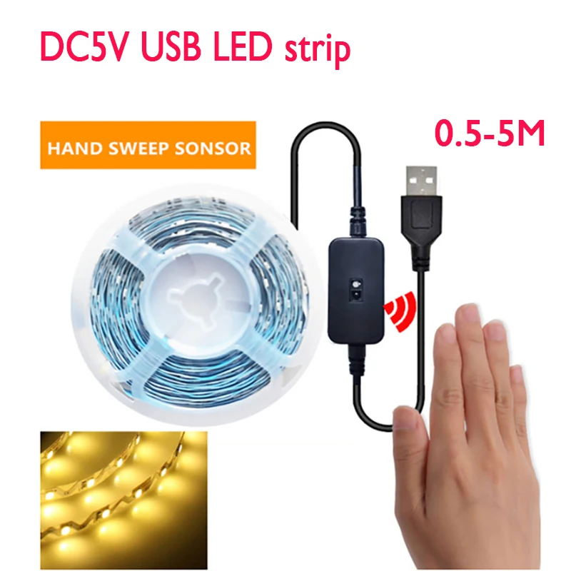 

2022 New DC5V USB LED Light Strip Smart Hand Scan Sensor Light Strip S Shape 2835SMD White/Warm Light Flexible Light Strip Diode