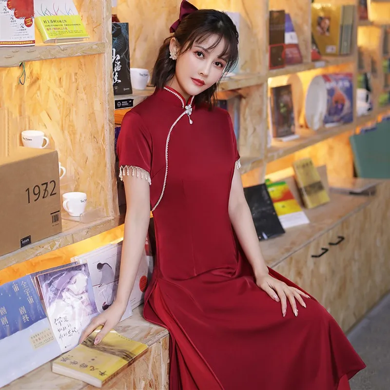 

Lady Exquisite Chinese Wedding Party Dress Elegant Flower Button Trim Long Improved Qipao Dresses Novelty Aodai A-Line Cheongsam