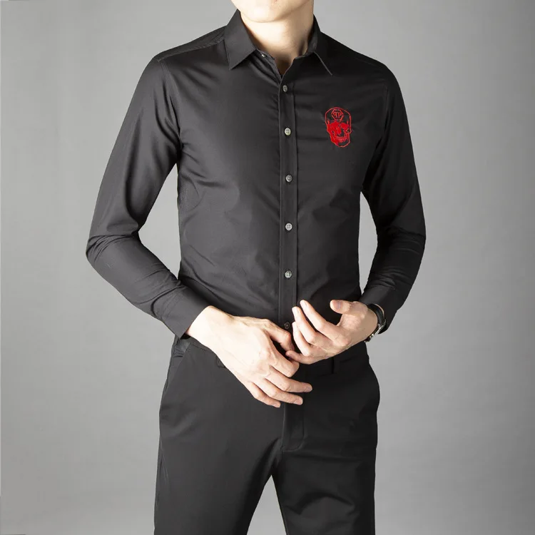 Европейская модная мужская рубашка бренд череп вышивка Chemise homme повседневные мужские рубашки однотонные тонкие рубашки мужские S-3XL