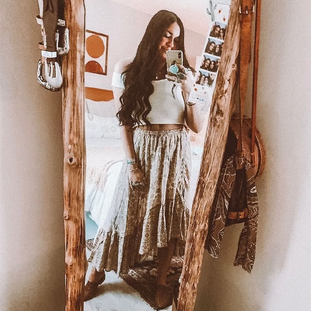 

2021 Vintage Chic Women Yellow Bohemian Floral Printed Long A-line Skirt High Elastic Waist Yellow Cotton Maxi Skirts Femme A698