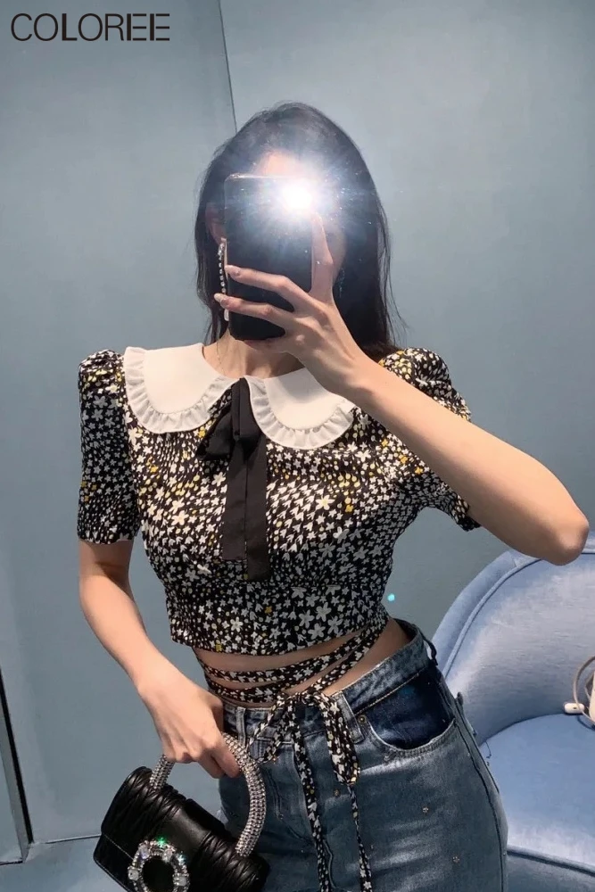 

Runway Designers Floral Printed Chiffon Blusas Mujer 2021 Summer Elegant Bow Short Sleeve Blouse Women Korean Fashion Tops Femme