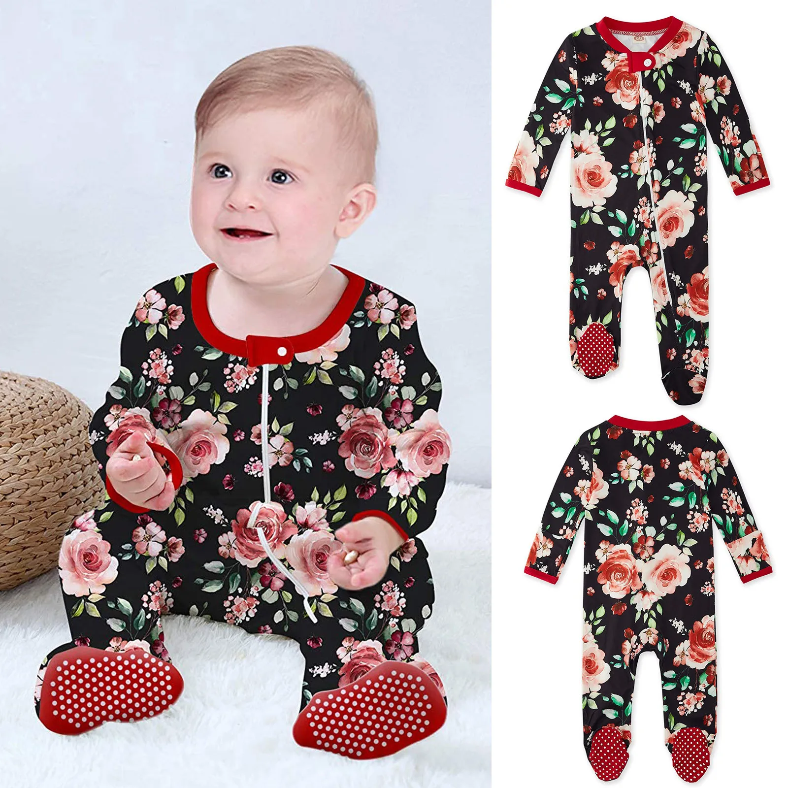 

Newborn Sleepwear Baby Boy Girl Floral Print Pajama Sleeper Zipper Footed Romper Jumpsuit long Sleeve Baby Clothing Bebek Giyim