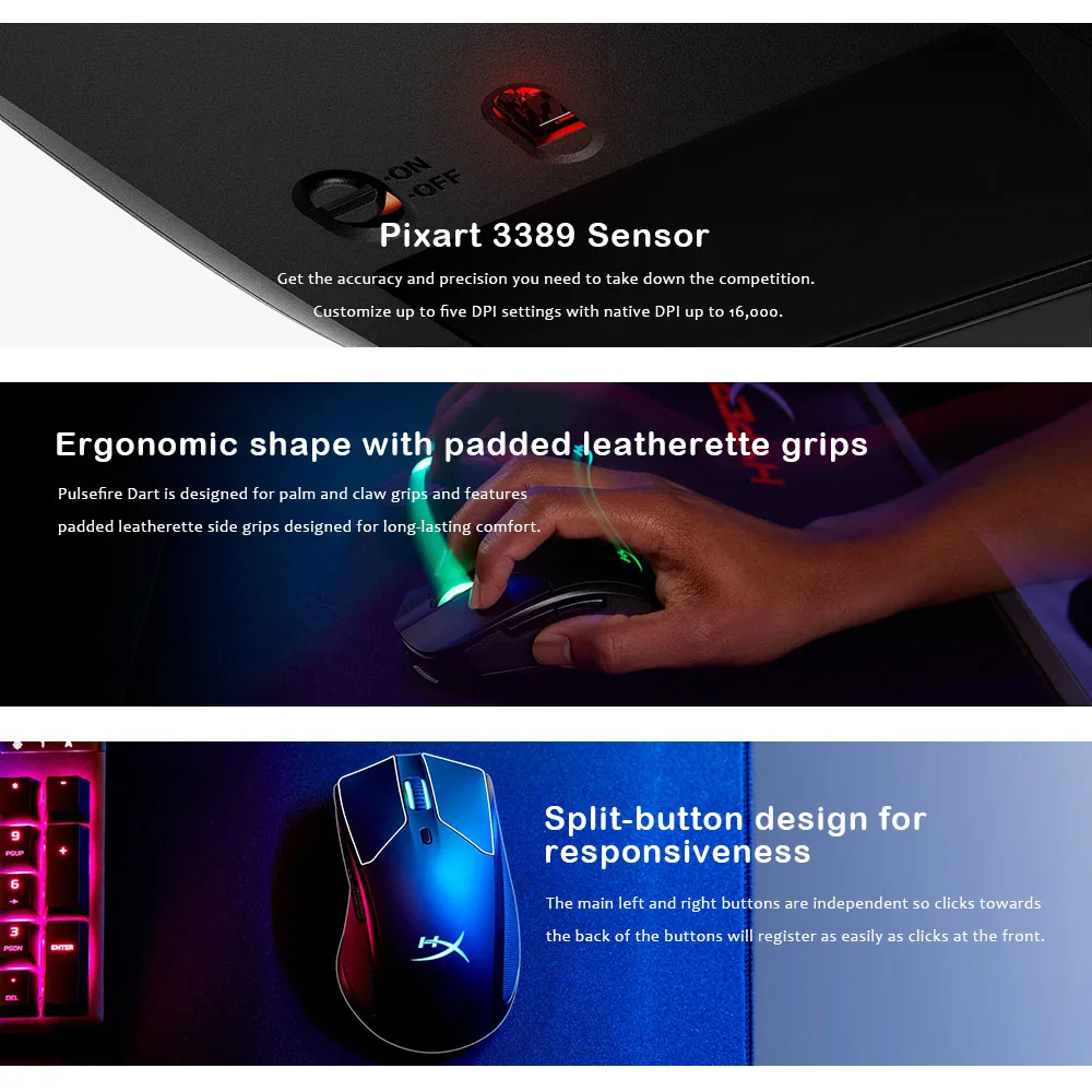 Kingston Pulsefire Dart Wireless Gaming Mouse Pixart 3389 Sensor Qi Certified for wireless charging 16000 DPI / 450 IPS 50G | Компьютеры и