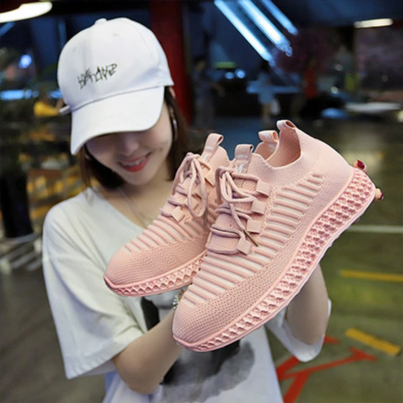 

sneakers for women pink Knitted shoes woman breathable Sweat absorption ladies vulcan shoes 2021 fashion Wedge shoes