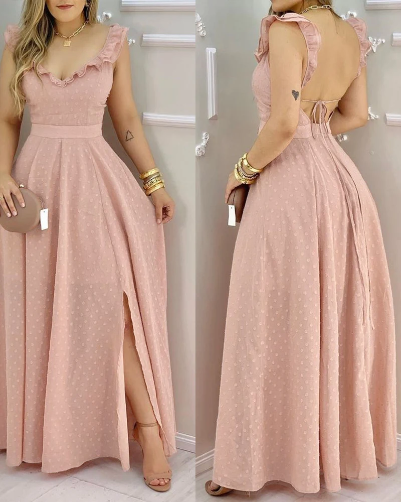 

Summer Women 2021 Elegant Ladies V Neck Ruffle Hem Open Back Slit Maxi Dresses Sexy Party Long Dress