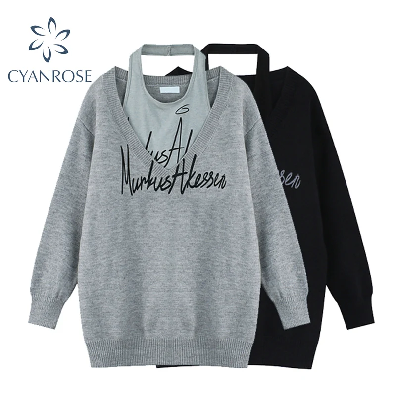 

2022 Women's Knitted Pullovers Vests Print Two-Piece Sets Vintage Oversize V-Neck Jumpers Streetwear Y2K Harajuku Knitwear Mujer