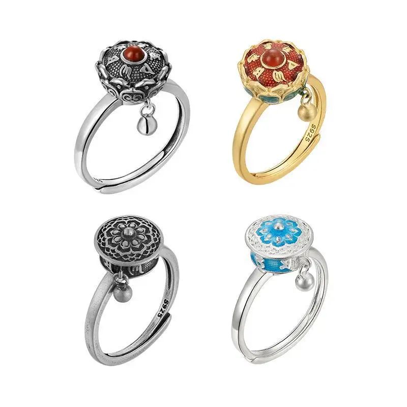 

Вращающееся кольцо с молитвенным колесом «шесть слов», кольцо из стерлингового серебра ручной работы в этническом стиле, эмалированная пер...